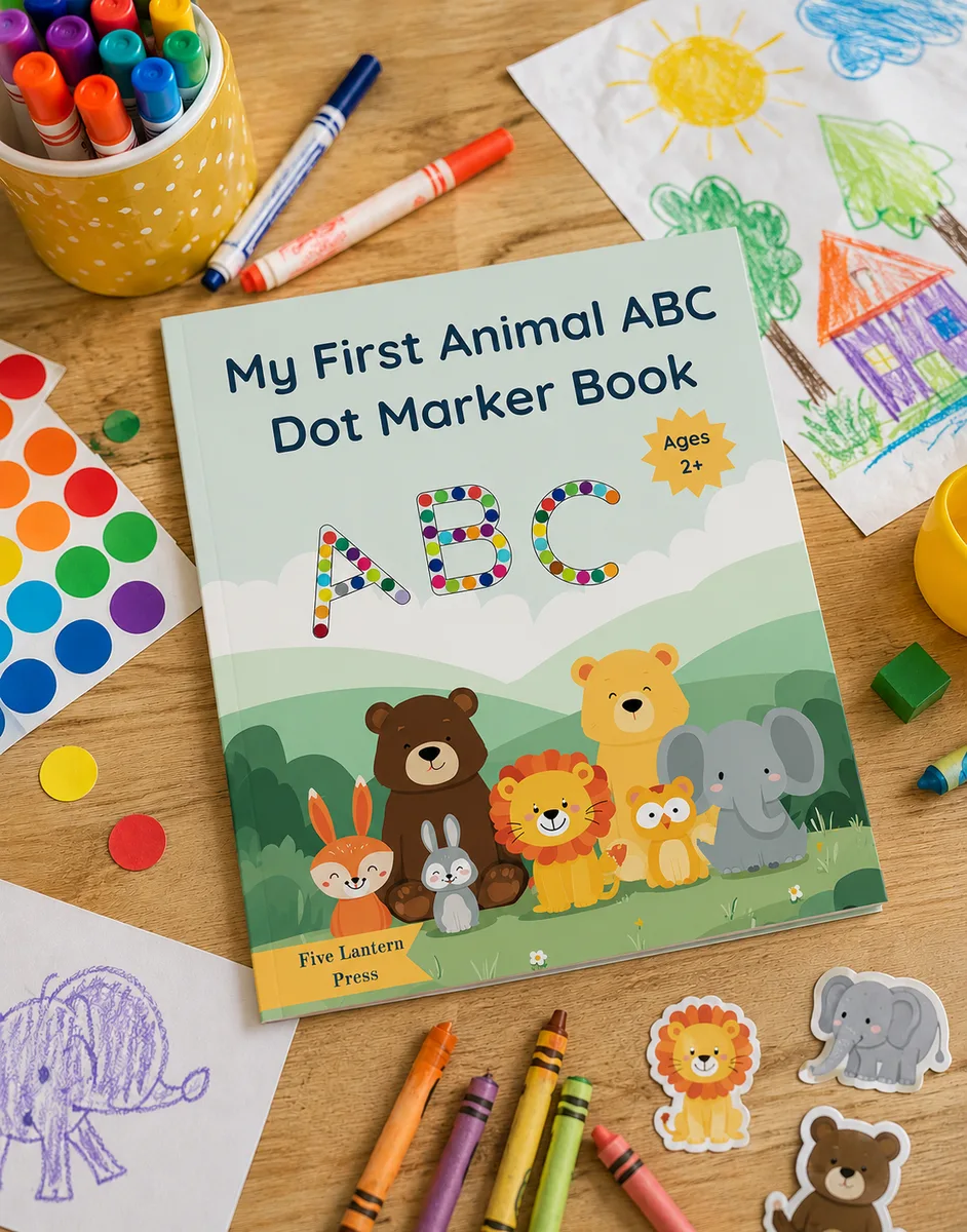 My First Animal ABC Dot Marker Book on a wooden table with dot markers, crayons, animal stickers, and a child's drawing