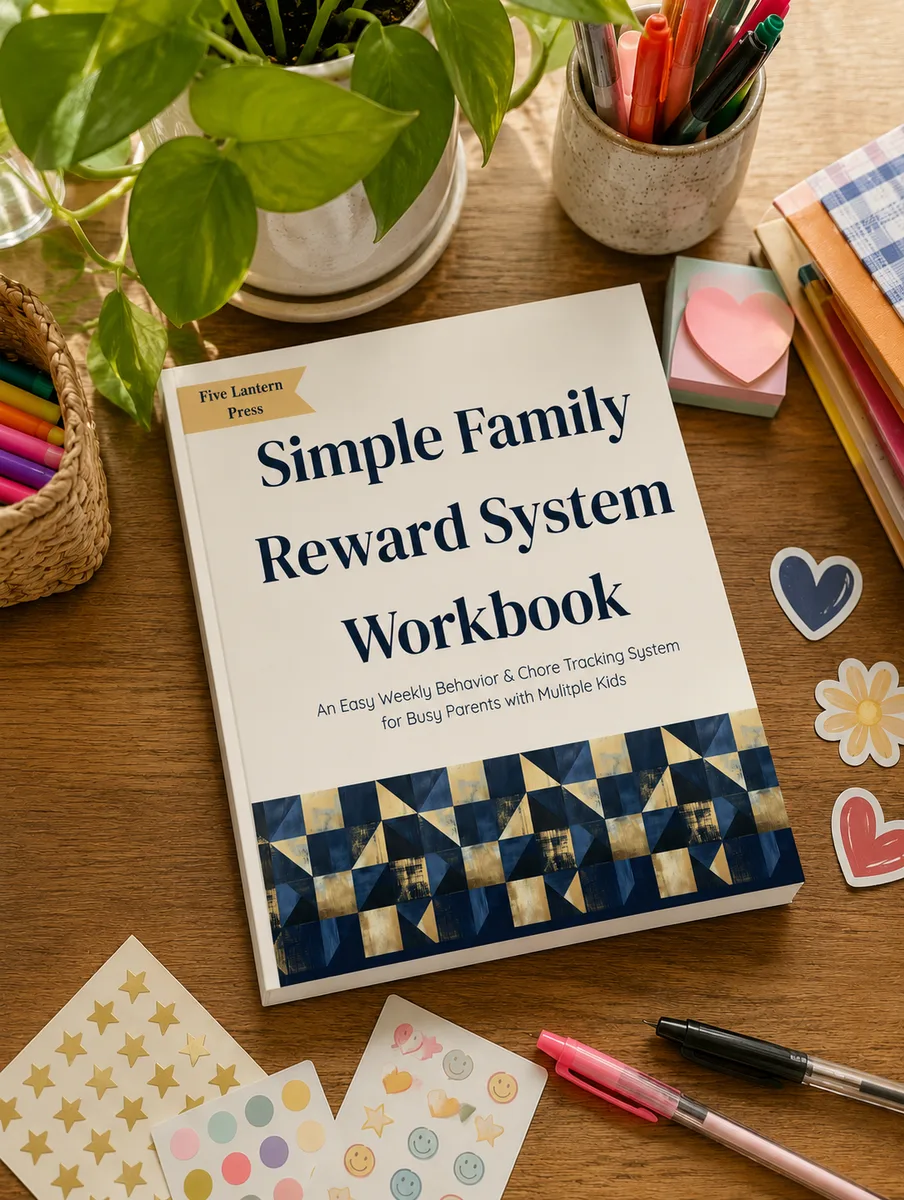 The Simple Family Reward System Workbook on a wooden desk with a pothos plant, pens, sticky notes, and star stickers