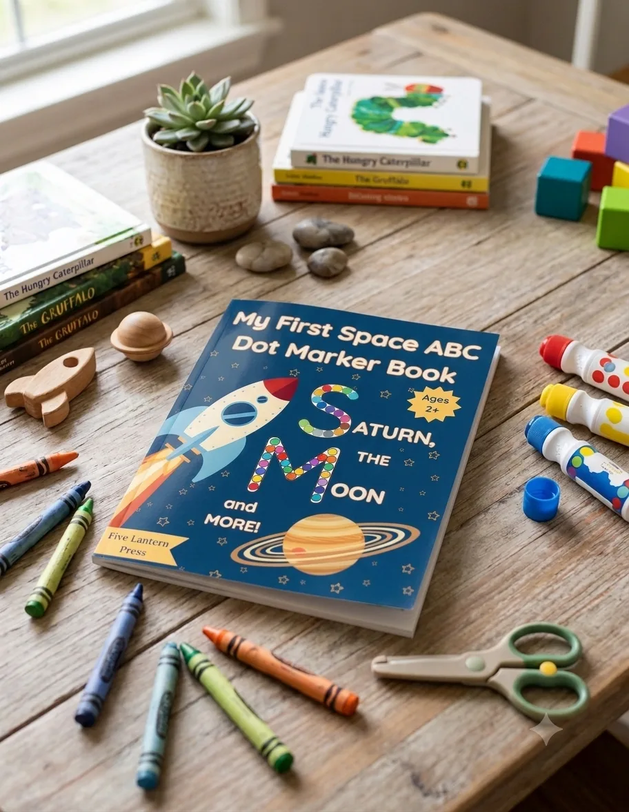 My First Space ABC Dot Marker Book on a desk with dot markers, crayons, and star stickers