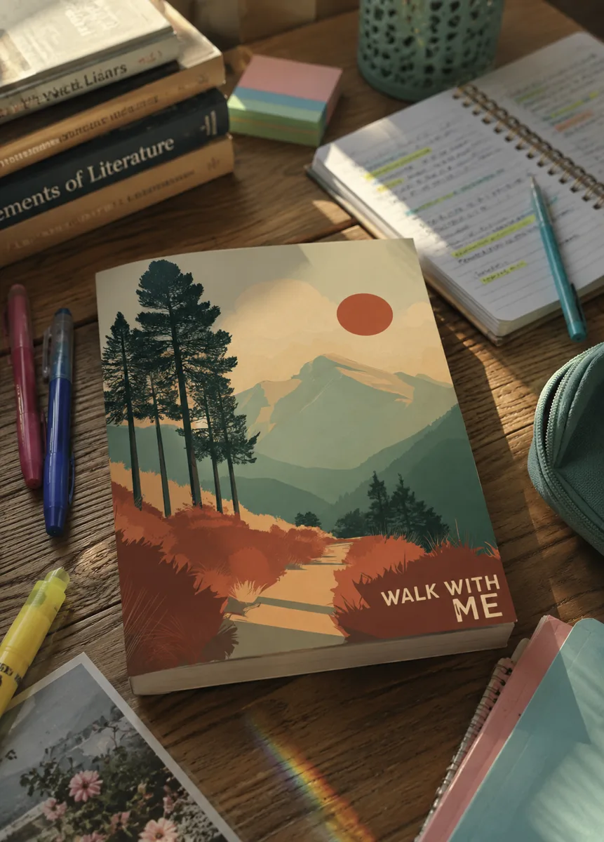 Walk With Me Youth Conference Journal on a desk with scriptures, sticky notes, and study tools