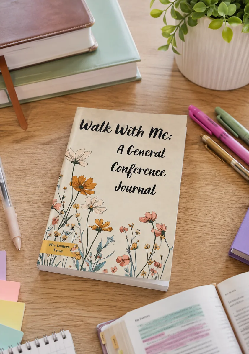 Walk With Me: A General Conference Journal on a wooden desk with stacked journals, a plant, pens, and an open scripture book