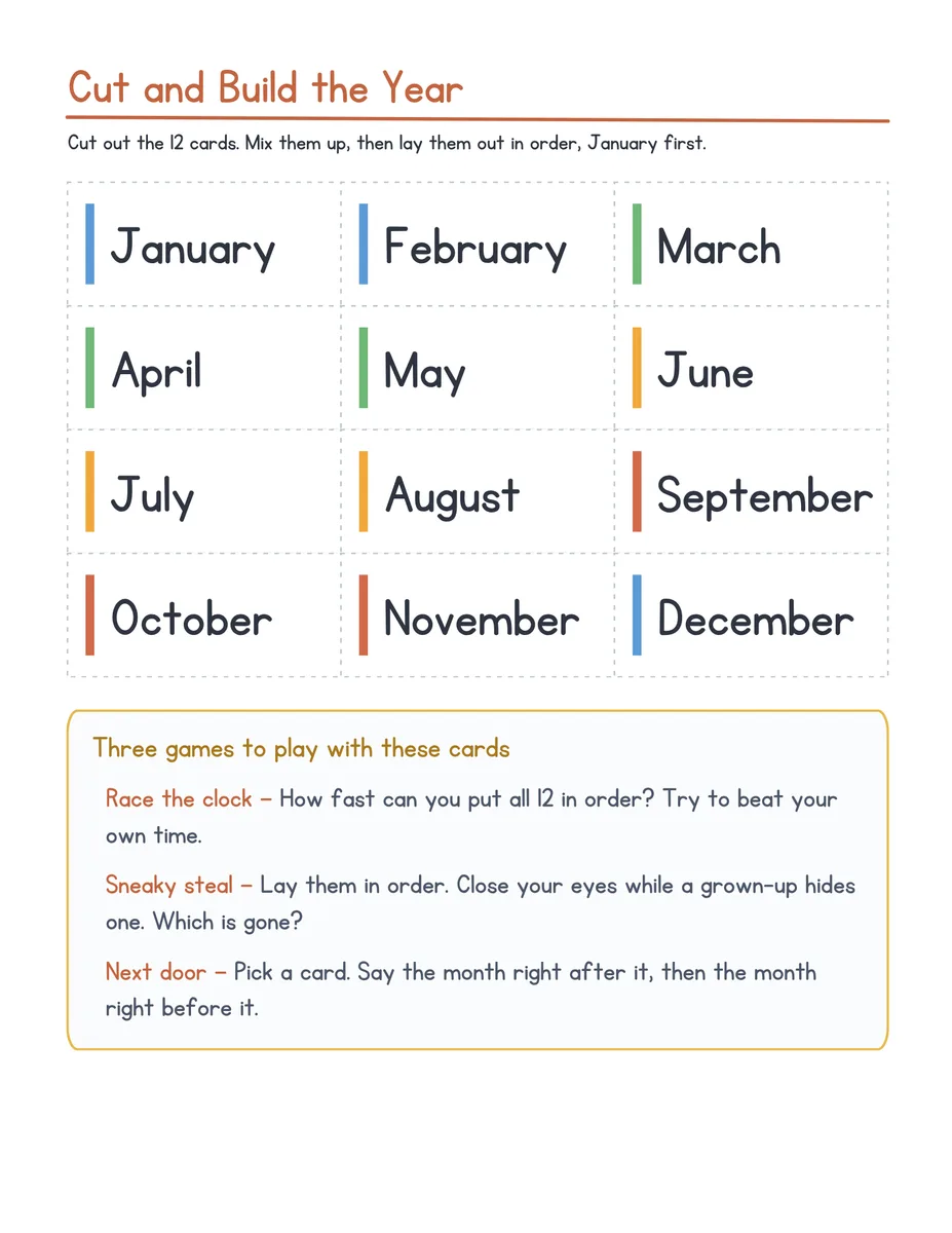 Cut and Build the Year printable — twelve color-coded month cards to cut out, plus three games to play with them