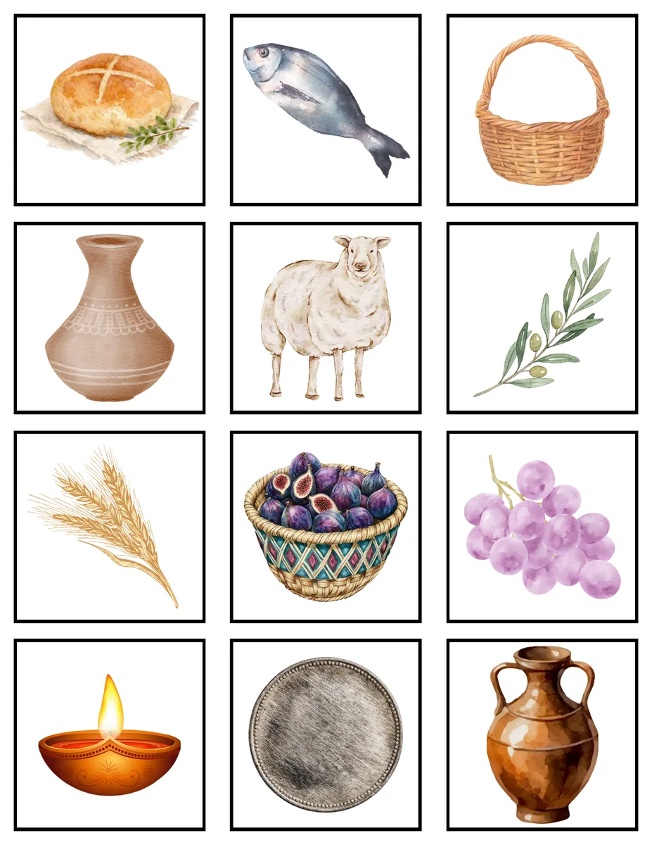 Jerusalem Market Match printable page — a grid of twelve watercolor market treasures to print and cut apart