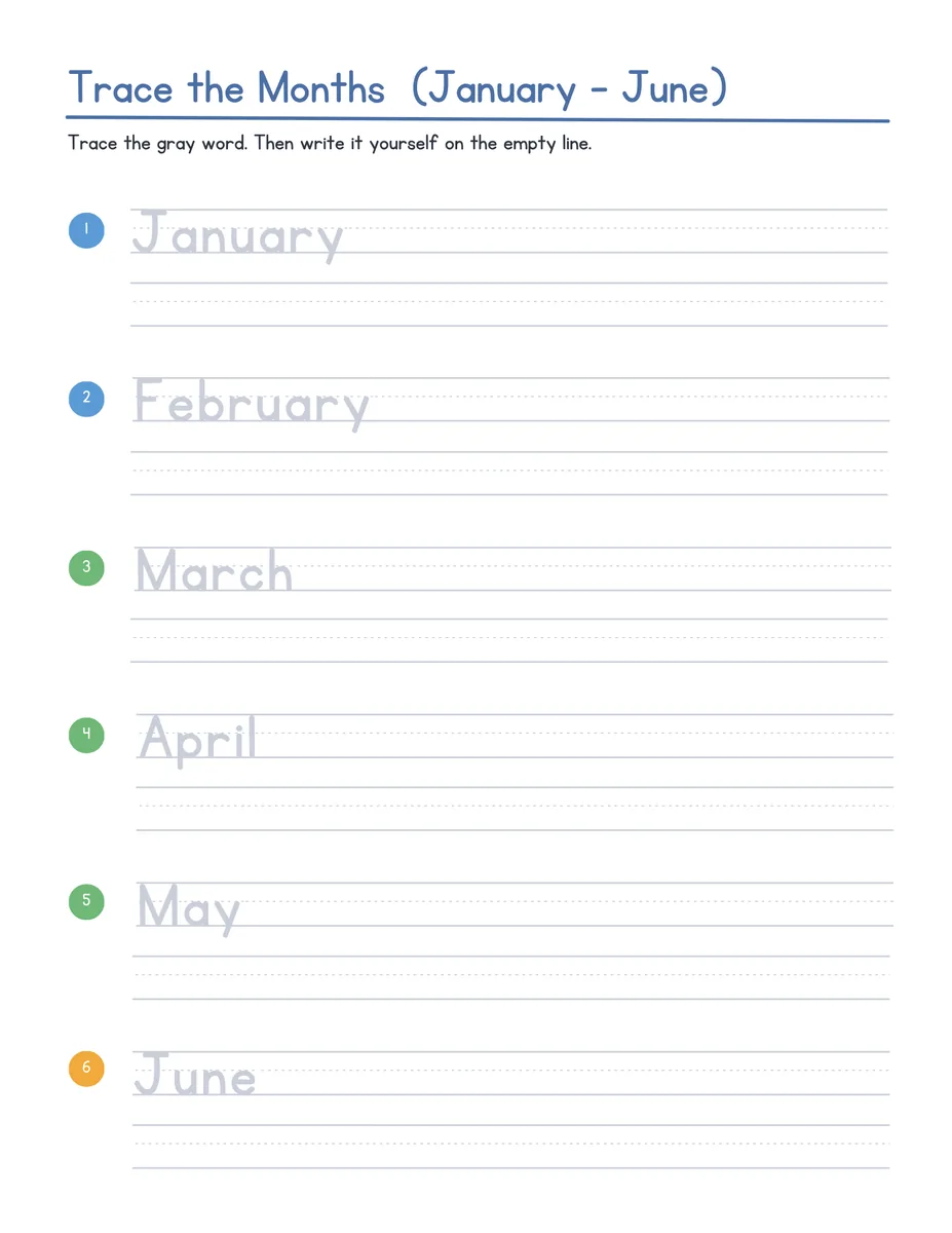 Trace the Months, January to June — handwriting practice page with a gray word to trace and an empty line to write it on
